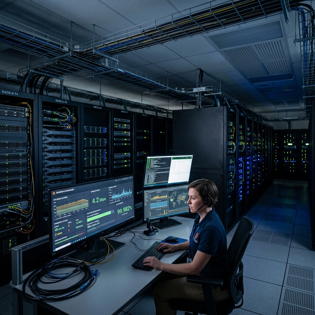 Data center enterprise moderno com racks de servidores e dashboards de monitoramento de infraestrutura cloud