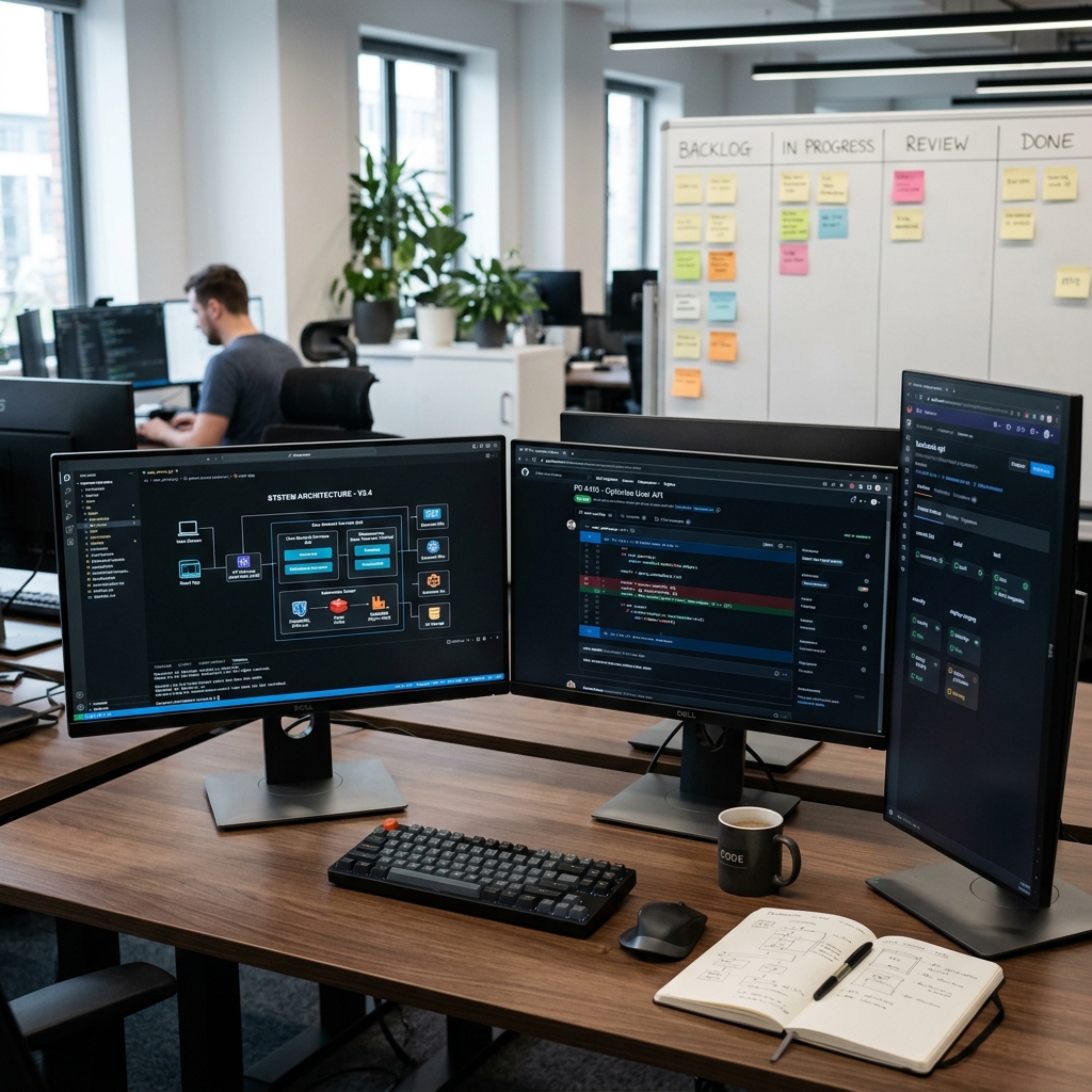 Telas de engenharia de software mostrando diagramas de arquitetura, code review em Git e pipelines CI/CD