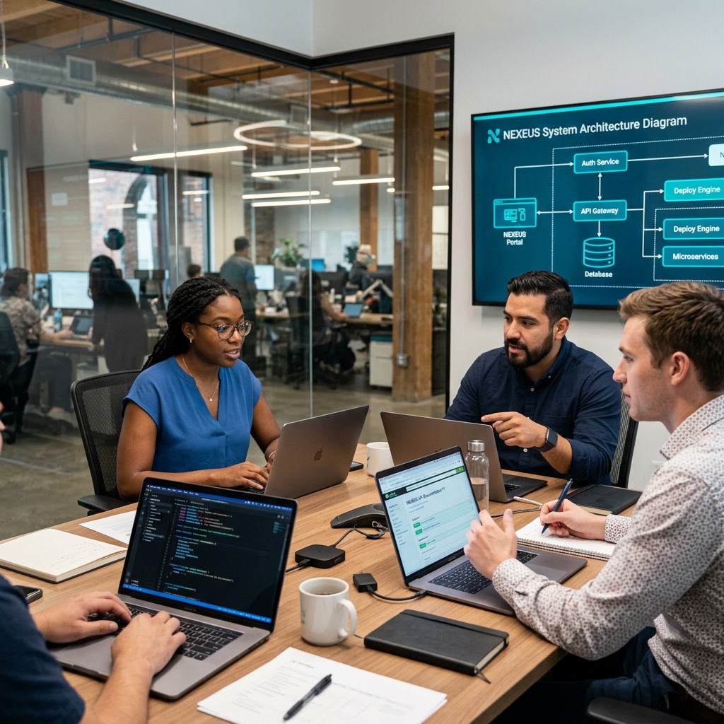 Equipe de desenvolvimento de software NEXEUS planejando arquitetura de sistemas, APIs e microserviços